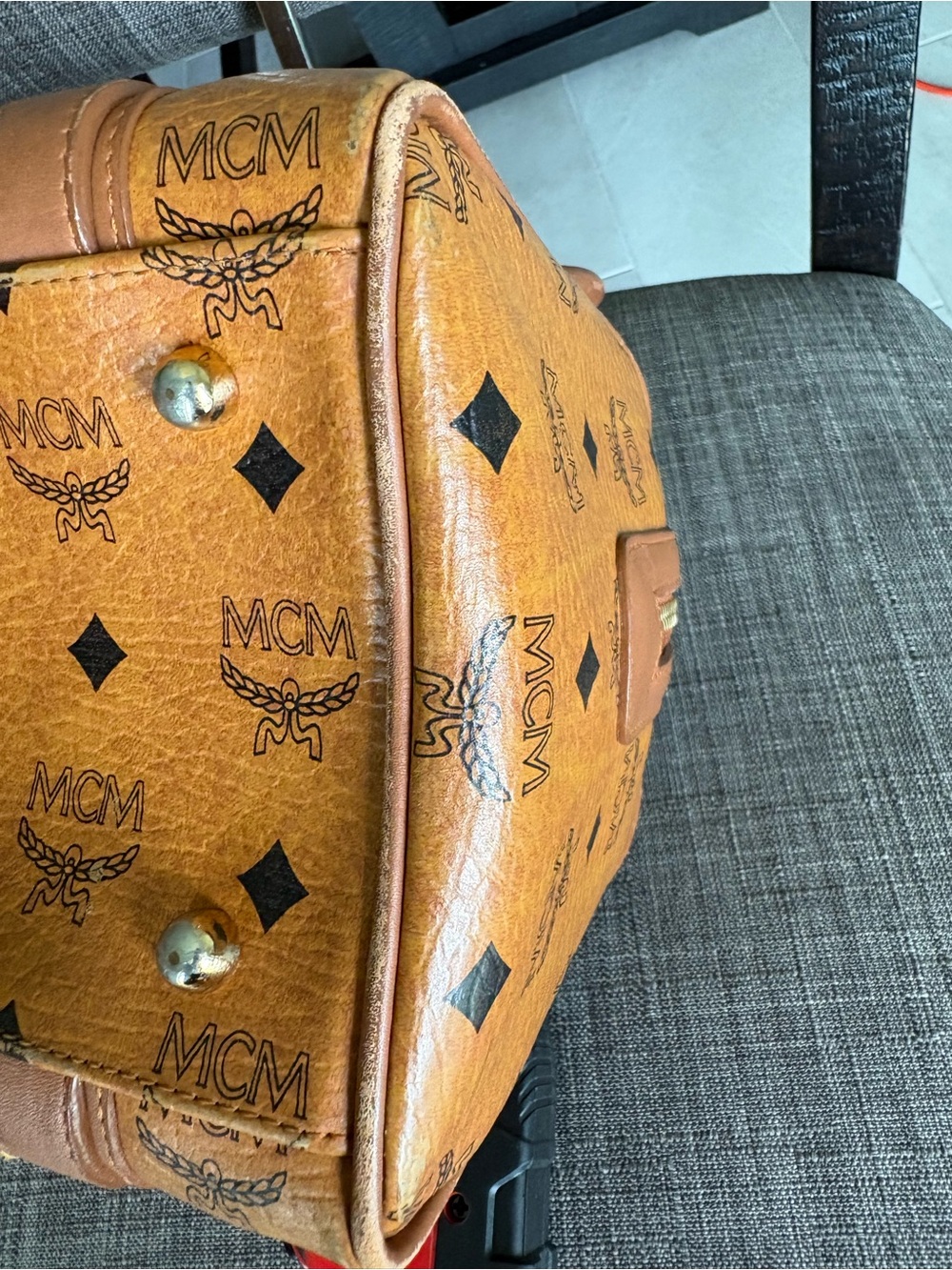 MCM Brown Visetos Logo Satchel with Gold Hardware - Picture 6 of 12
